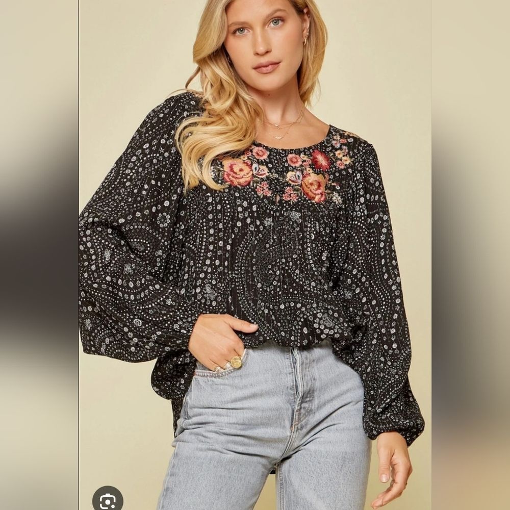 Savanna Jane ABSTRACT FLORAL EMBROIDERED BLOUSE  Size‎ Large Western Bohemian
